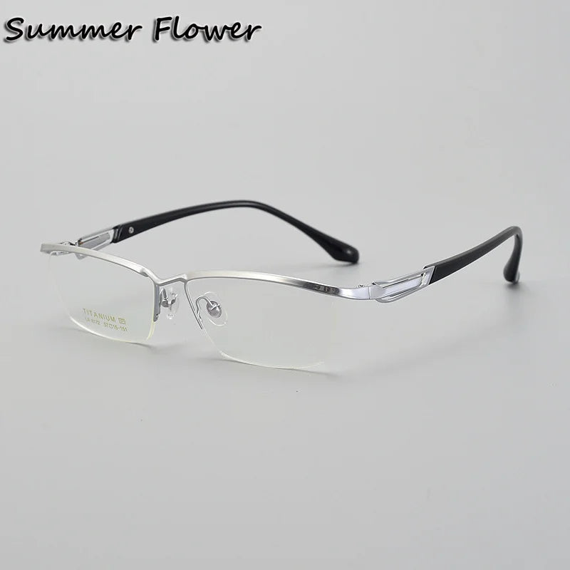 Summer Flower Unisex Semi Rim Square Brow Line Titanium Eyeglasses 86172 Semi Rim Summer Flower Silver