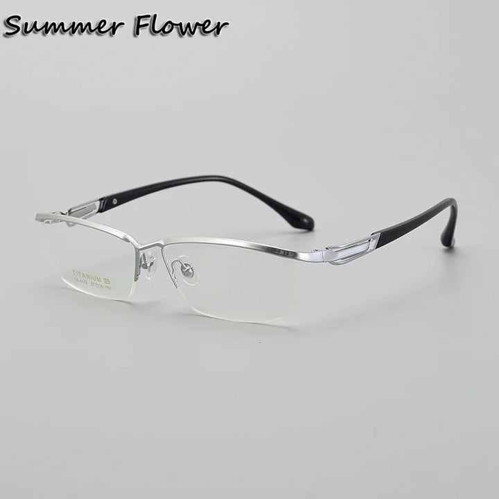 Summer Flower Unisex Semi Rim Square Brow Line Titanium Eyeglasses 86172 Semi Rim Summer Flower Silver