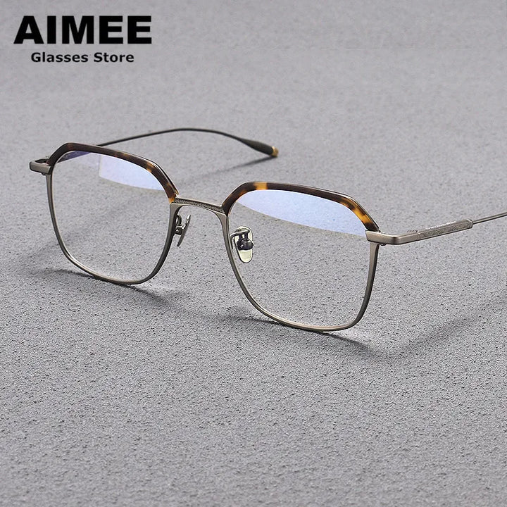 Aimee Unisex Full Rim Flat Top Polygon Titanium Acetate Eyeglasses 1057 Full Rim Aimee Tortoise-Gun