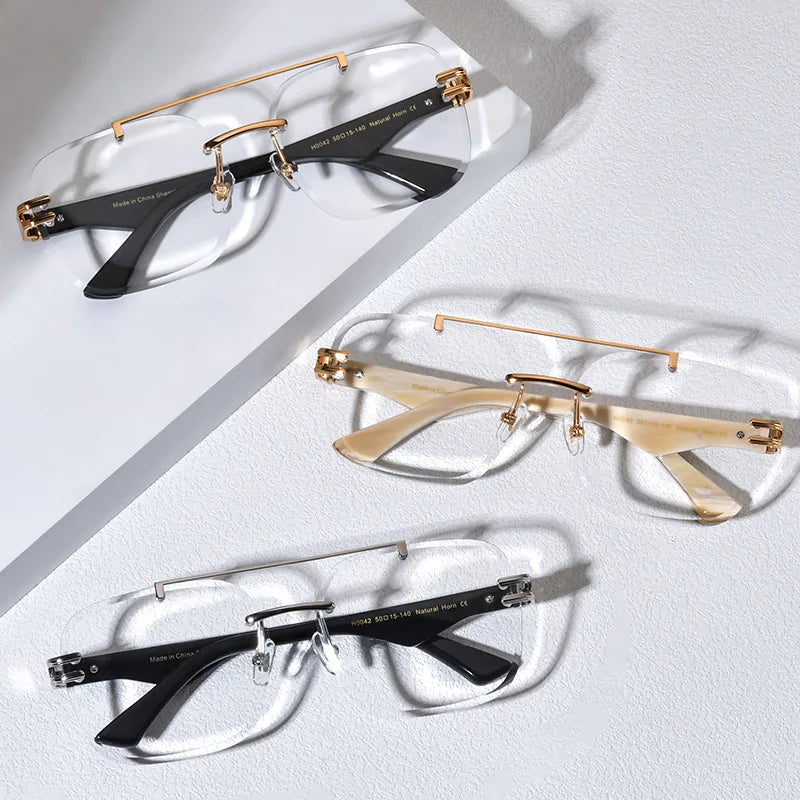 Nobler Unisex Rimless Square Double Bridge Alloy Horn Temple Eyeglasses 99042