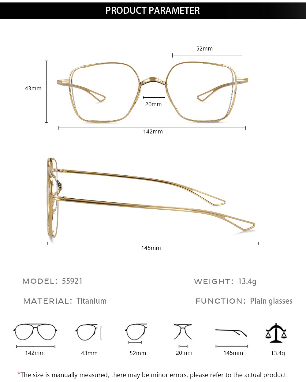 CCspace Unisex Full Rim Square Hand Crafted Titanium Eyeglasses 55921 Full Rim CCspace