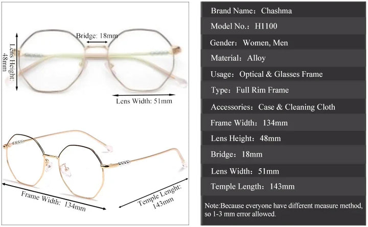Chashma Ottica Women's Full Rim Polygon Alloy Eyeglasses 91100/01