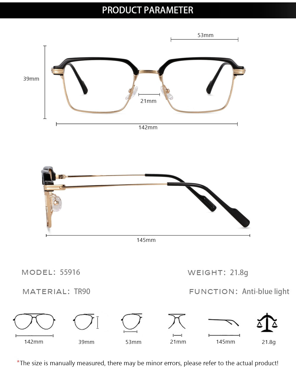CCspace Men's Full Rim Square Brow Line Alloy Acetate Eyeglasses 55916 Full Rim CCspace