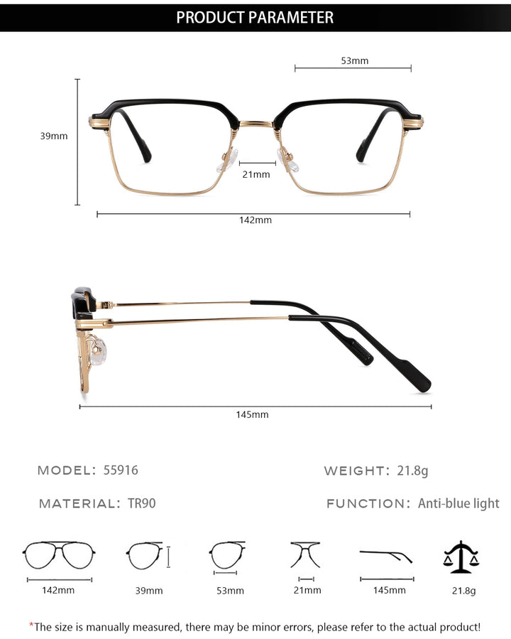 CCspace Men's Full Rim Square Brow Line Alloy Acetate Eyeglasses 55916 Full Rim CCspace