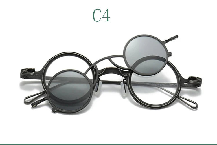 Yujo Unisex Full Rim Round Titanium Eyeglasses Clip On Polarized Sunglasses Y4238 With Clip Ons Yujo C4 CHINA