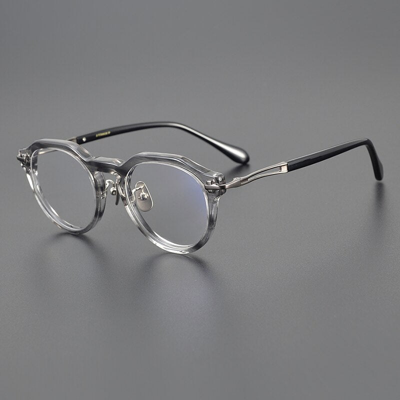 Gatenac Unisex Full Rim Flat Top Round Acetate Titanium Eyeglasses Gxyj1122 Full Rim Gatenac Striped Gray  