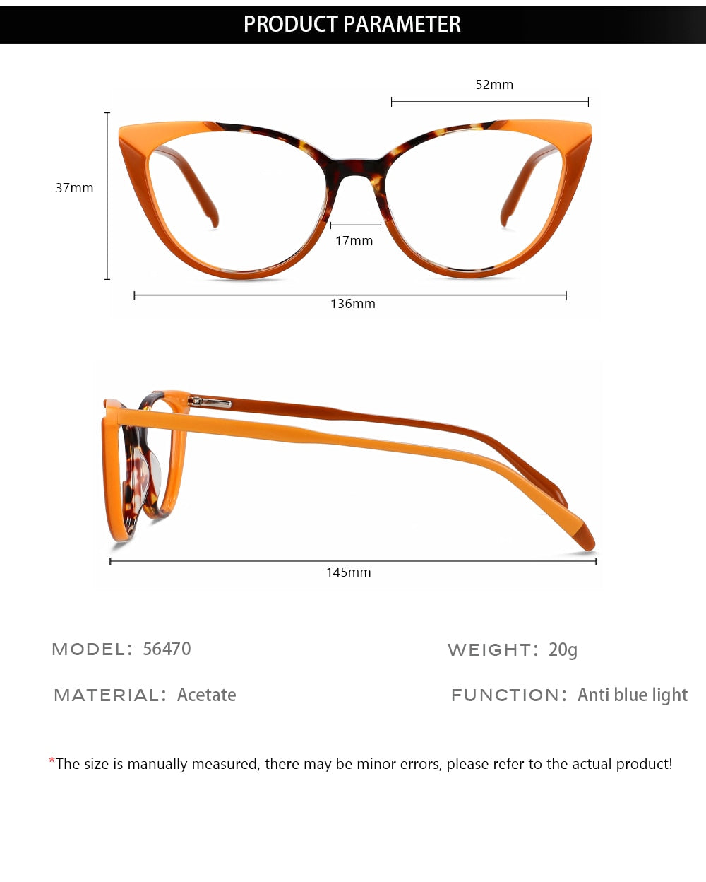 CCspace Women's Full Rim Cat Eye Acetate Eyeglasses 56470 Full Rim CCspace