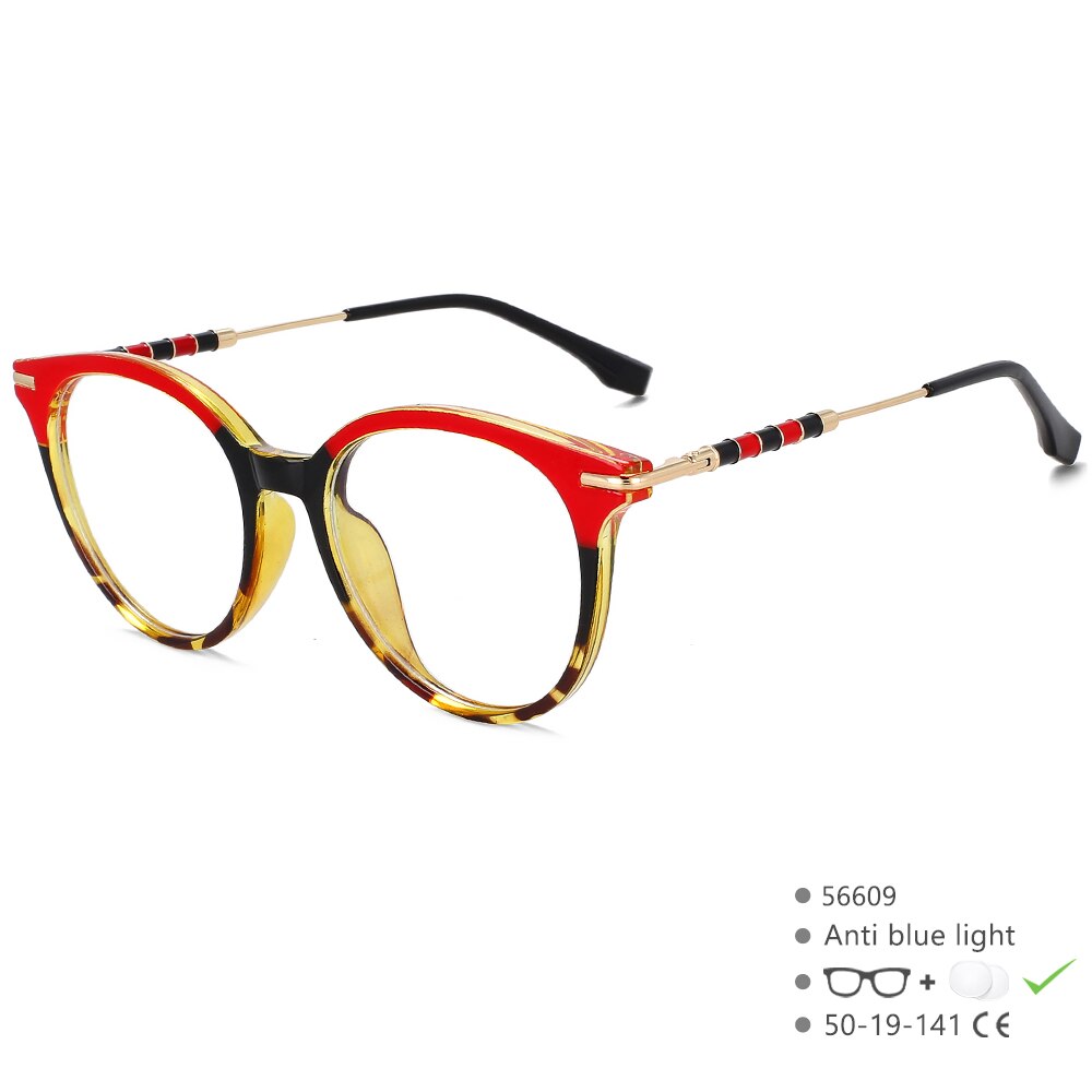 CCspace Women's Full Rim Round Acetate Alloy Eyeglasses 56609 Full Rim CCspace C1RedBlack