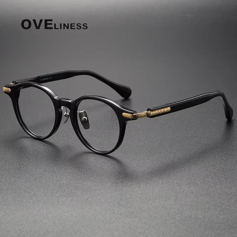 Oveliness Unisex Full Rim Round Oval Acetate Titanium Eyeglasses 80853 Full Rim Oveliness black gold
