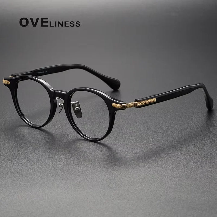 Oveliness Unisex Full Rim Round Oval Acetate Titanium Eyeglasses 80853 Full Rim Oveliness black gold