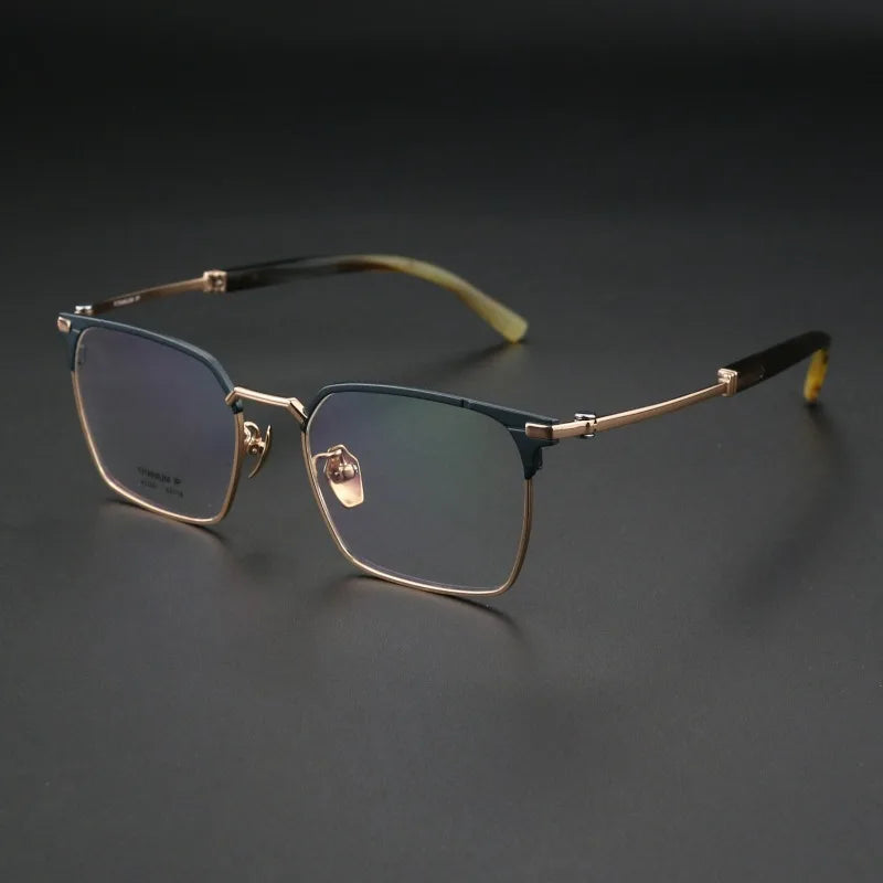 Hewei Unisex Full Rim Square Horn Temple Tip Titanium Eyeglasses 41849
