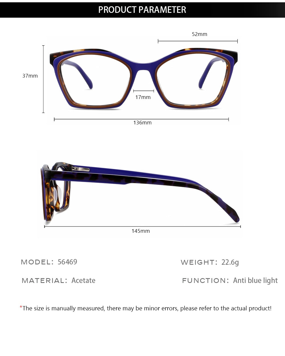 CCspace Women's Full Rim Square Acetate Eyeglasses 56469 Full Rim CCspace