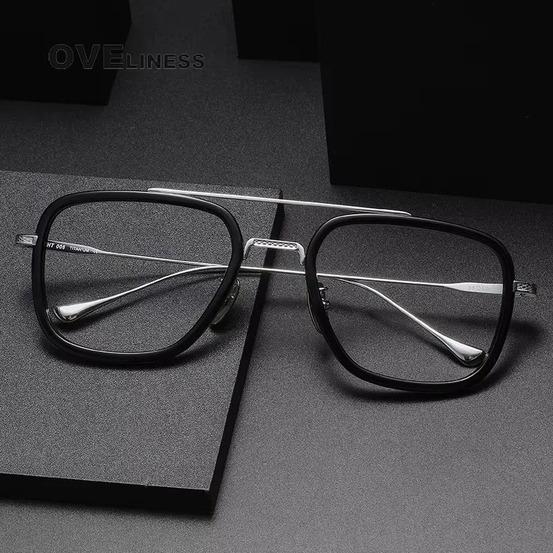 Oveliness Unisex Full Rim Square Double Bridge Acetate Titanium Eyeglasses 714006 Full Rim Oveliness