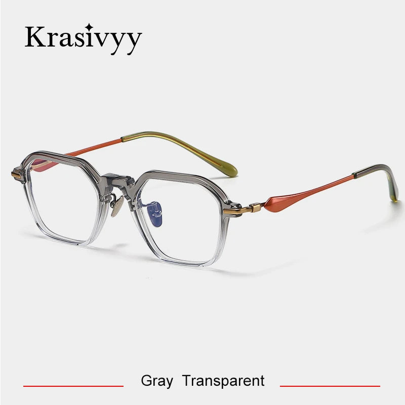 Krasivyy Unisex Full Rim Hexagon Titanium Acetate Eyeglasses 46065 Full Rim Krasivyy Red Transparent Gray