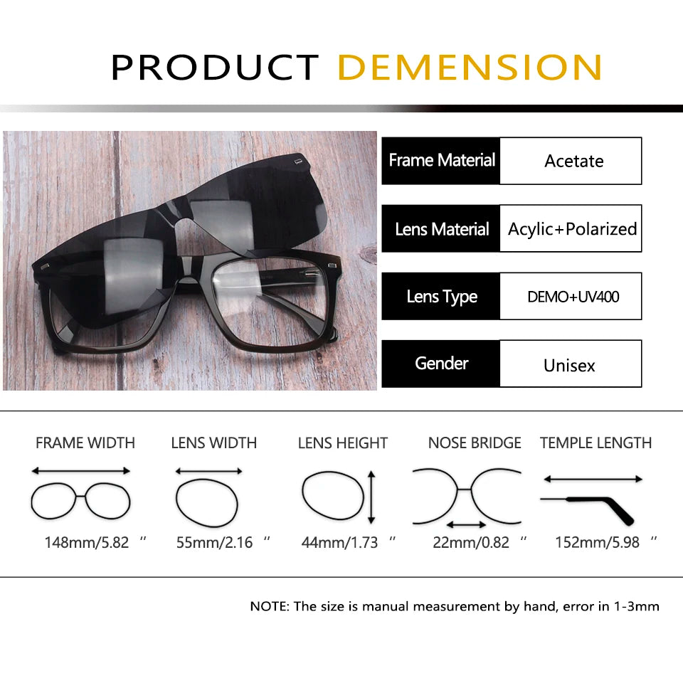 Esnbie Men's Full Rim Square Acetate Eyeglasses Clip On Sunglasses 423291