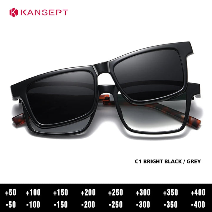 Kansept Unisex Full Rim Square Tr 90 Alloy Reading Glasses Clip On Sunglasses 57703