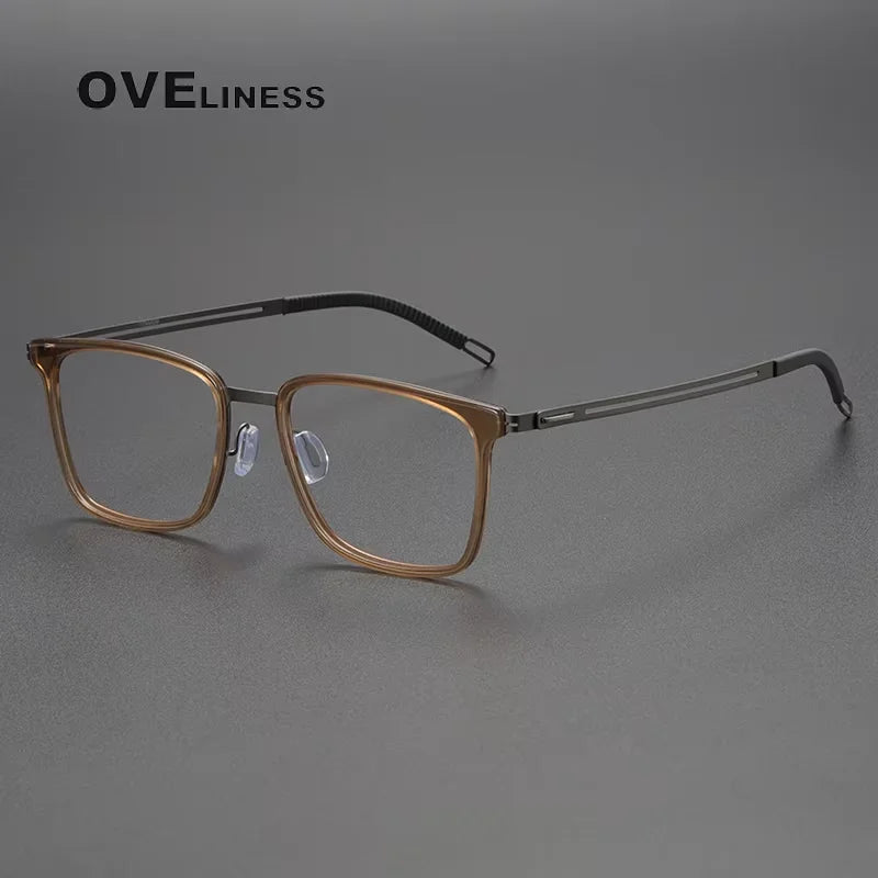 Oveliness Unisex Full Rim Square Acetate Titanium Eyeglasses 82005 Full Rim Oveliness brown gun