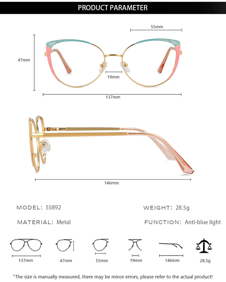 CCspace Unisex Full Rim Square Cat Eye Alloy Eyeglasses 55892 Full Rim CCspace