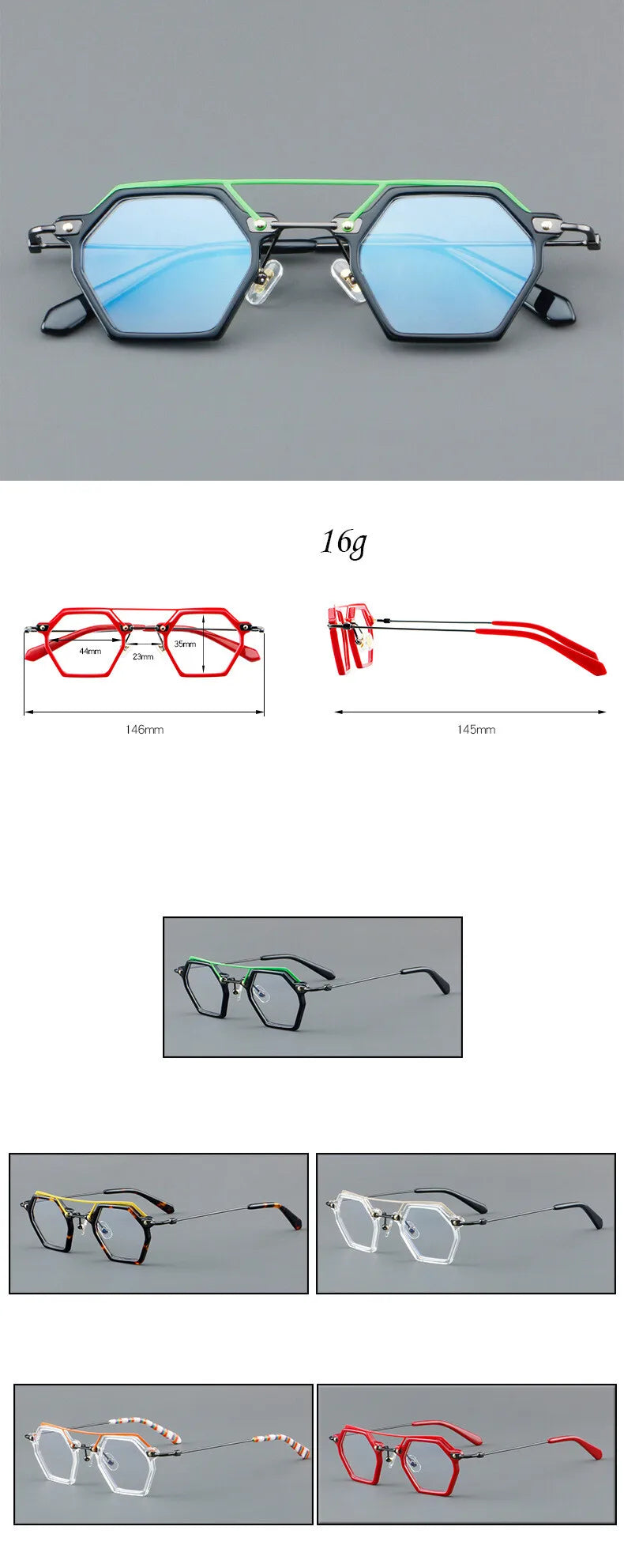 CCspace Unisex Full Rim Polygon Double Bridge Acetate Alloy Eyeglasses 3812 Full Rim CCSpace