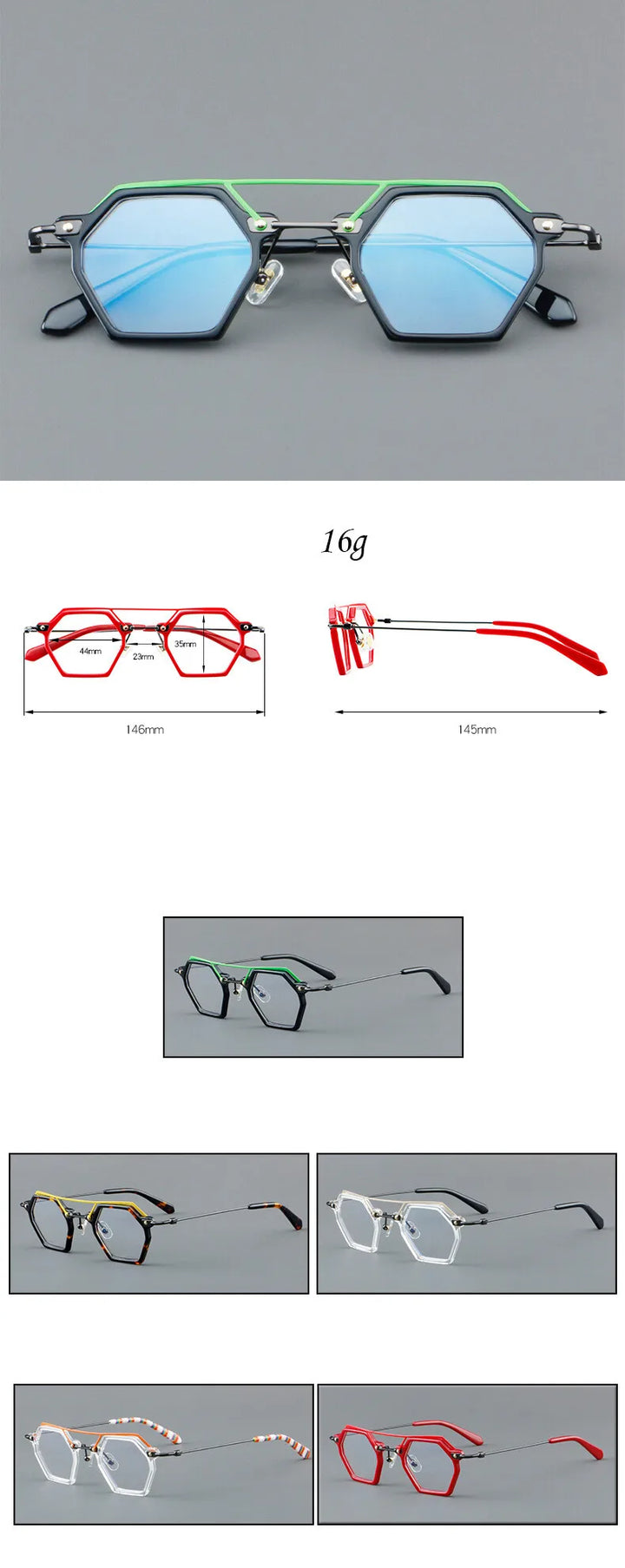 CCspace Unisex Full Rim Polygon Double Bridge Acetate Alloy Eyeglasses 3812 Full Rim CCSpace