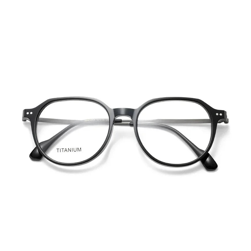 Muzz Men's Full Rim Flat Top Oval Acetate Titanium Eyeglasses 85298 Full Rim Muzz black