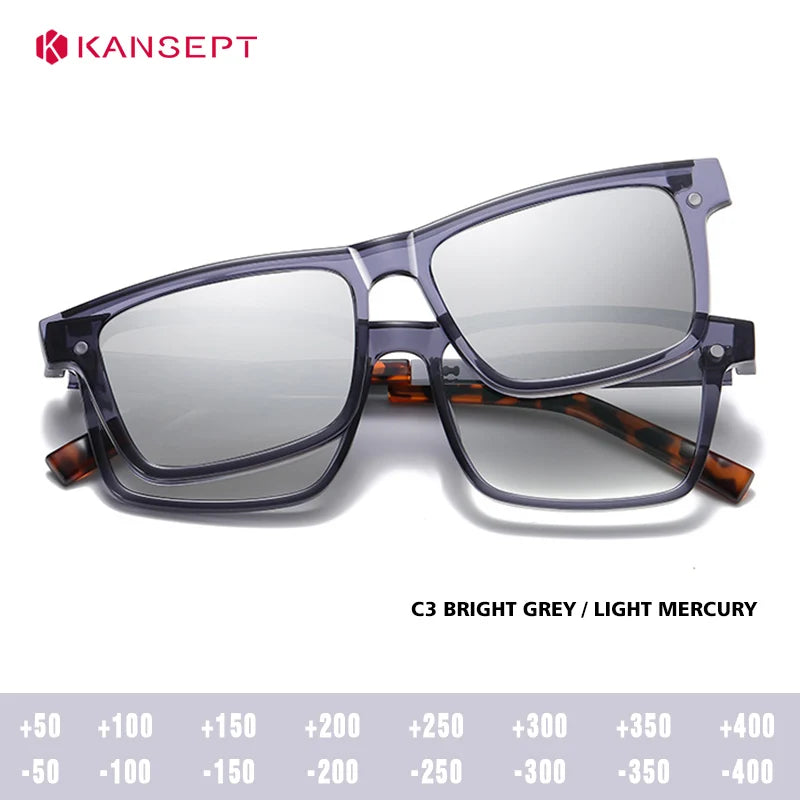 Kansept Unisex Full Rim Square Tr 90 Alloy Reading Glasses Clip On Sunglasses 57703