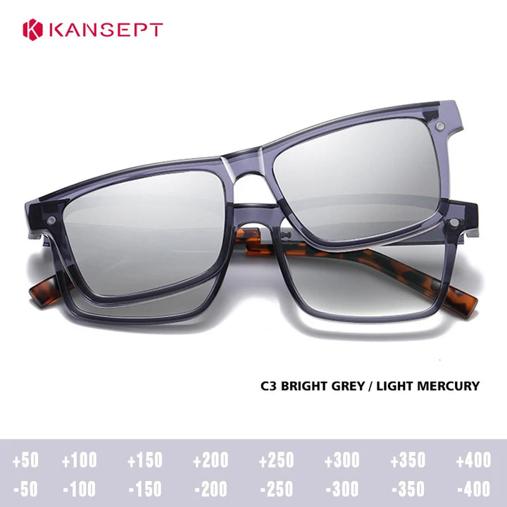 Kansept Unisex Full Rim Square Tr 90 Alloy Reading Glasses Clip On Sunglasses 57703