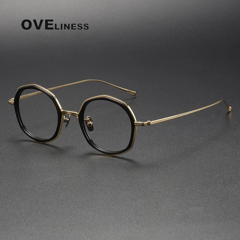 Oveliness Unisex Full Rim Polygon Acetate Titanium Eyeglasses U135 Full Rim Oveliness black gold  