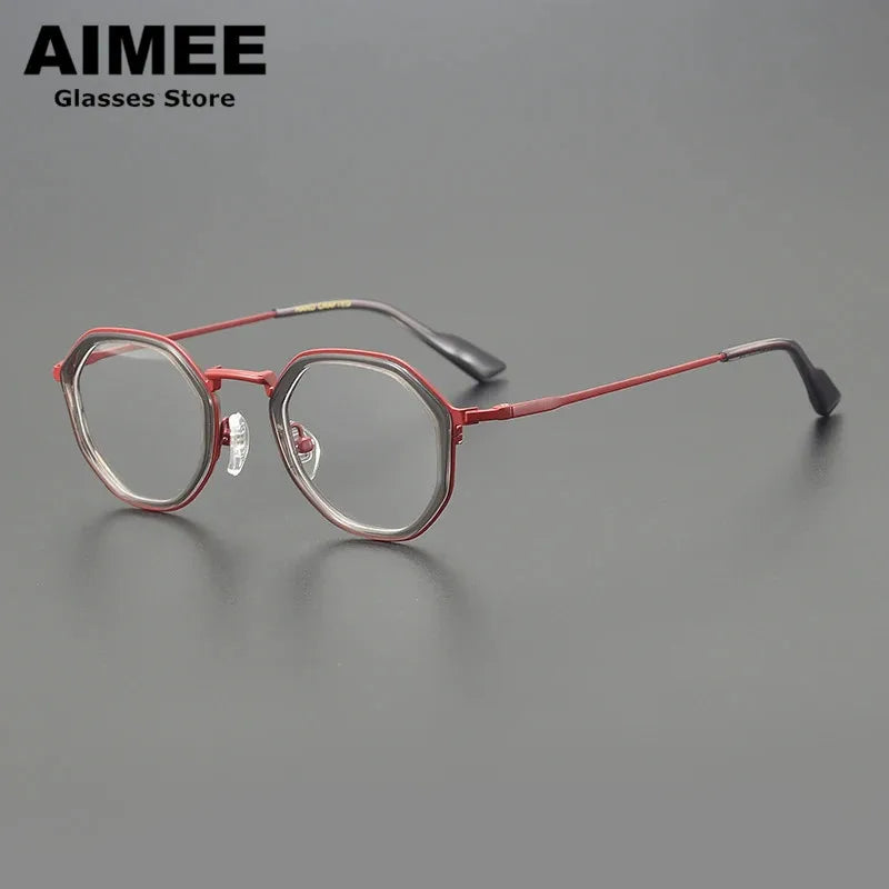 Aimee Unisex Full Rim Round Polygon Titanium Acetate Eyeglasses 14023 Full Rim Aimee Grey-Red
