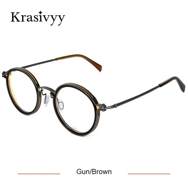Krasivyy Men's Full Rim Round Titanium Acetate Eyeglasses Kr5860 Full Rim Krasivyy Gun Brown CN 