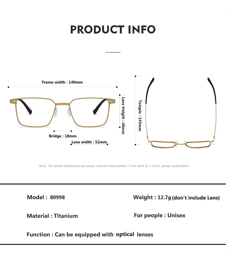 Oveliness Unisex Full Rim Square Screwless Titanium Eyeglasses 80998