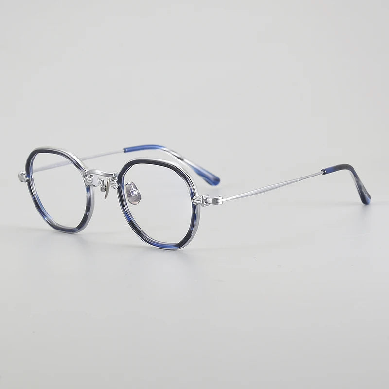 Aror Unisex Full Rim Flat Top Polygon Titanium Acetate Eyeglasses 4941 Full Rim Aror Silvery Blue