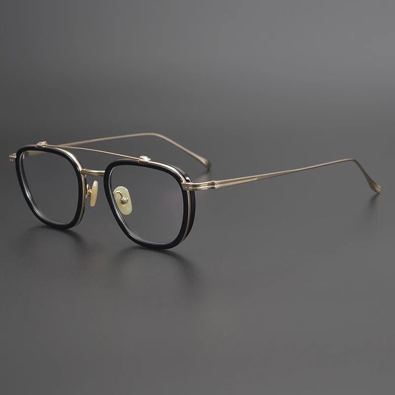 Black Mask Unisex Full Rim Double Bridge Titanium Square Acetate Eyeglasses 9025 Full Rim Black Mask Black-Gold