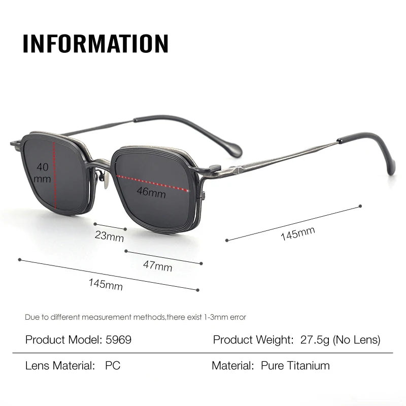 Aror Unisex Full Rim Square Titanium Eyeglasses Clip On Sunglasses 5969