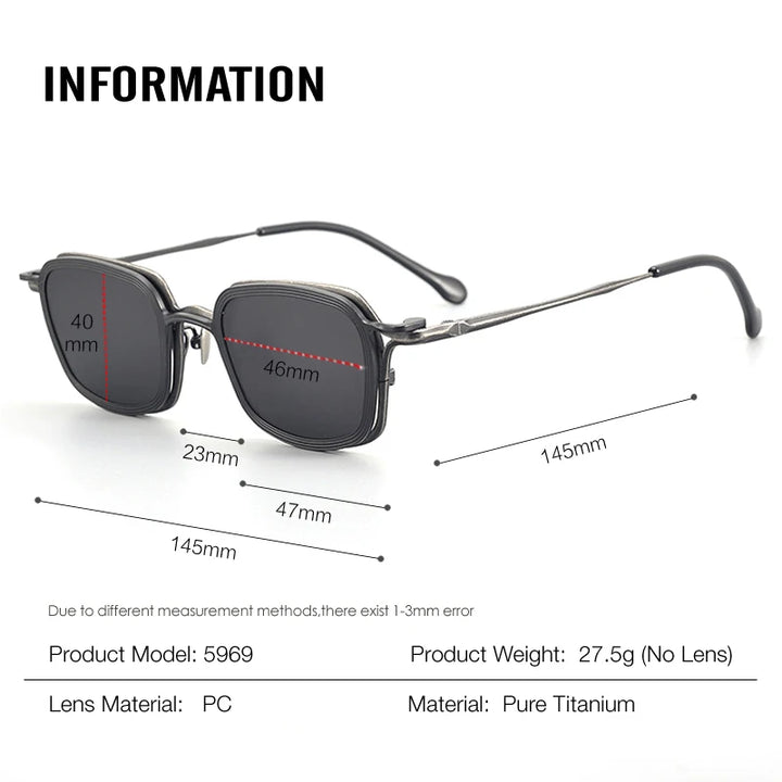 Aror Unisex Full Rim Square Titanium Eyeglasses Clip On Sunglasses 5969