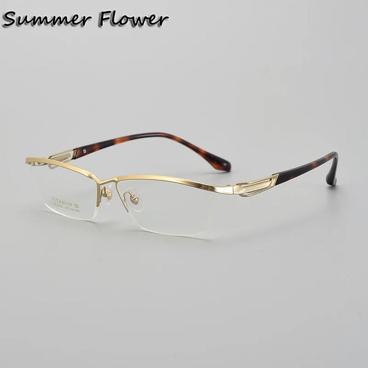 Summer Flower Unisex Semi Rim Square Brow Line Titanium Eyeglasses 86172 Semi Rim Summer Flower Gold