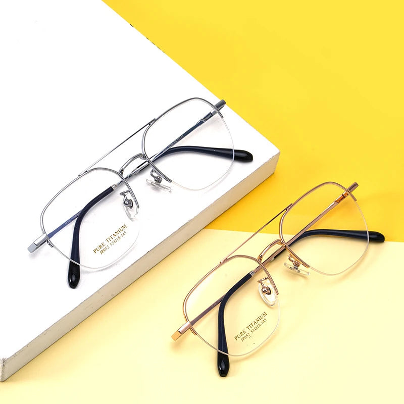 Gmei Unisex Semi Rim Square Double Bridge Titanium Eyeglasses P052 Semi Rim Gmei Optical