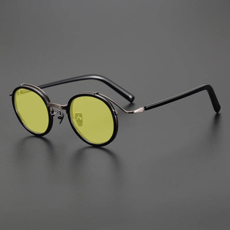 Gatenac Unisex Full Rim Round Polarized Acetate Titanium Sunglasses Mo12 Sunglasses Gatenac Black Yellow