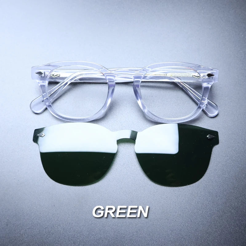 Gatenac Unisex Full Rim Round Acetate With Clip On Sunglasses 1237 With Clip Ons Gatenac Transparent Green