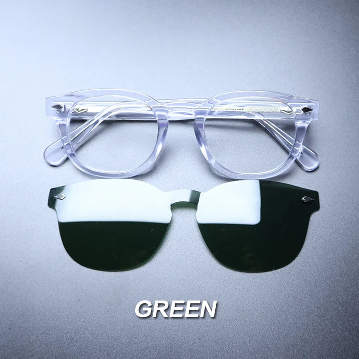 Gatenac Unisex Full Rim Round Acetate With Clip On Sunglasses 1237 With Clip Ons Gatenac Transparent Green