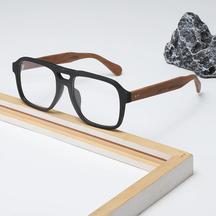 Hdcrafter Unisex Full Rim Square Double Bridge Wood Eyeglasses 8187 Full Rim Hdcrafter Eyeglasses