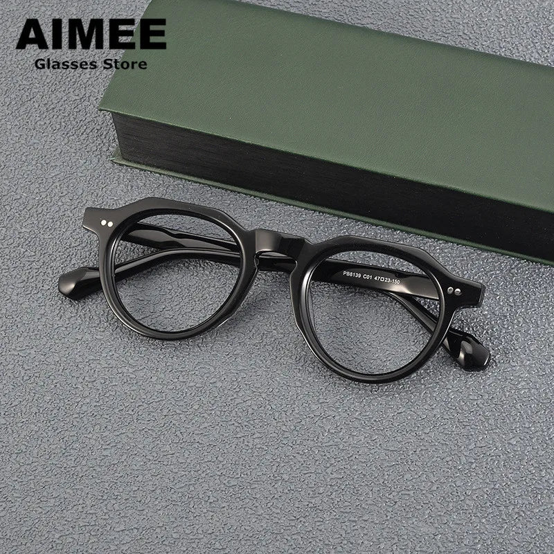 Aimee Unisex Full Rim Flat Top Round Acetate Eyeglasses 88139 Full Rim Aimee Black