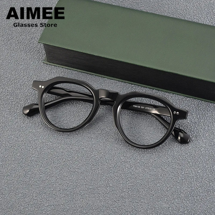 Aimee Unisex Full Rim Flat Top Round Acetate Eyeglasses 88139 Full Rim Aimee Black