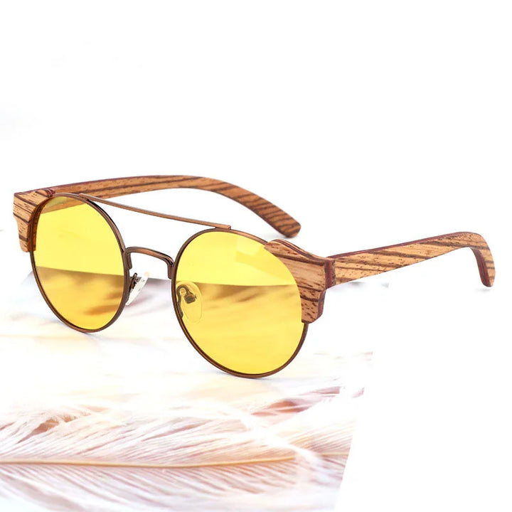 Hdcrafter Unisex Full Rim Round Alloy Wood Sunglasses 56229 Sunglasses HdCrafter Sunglasses   