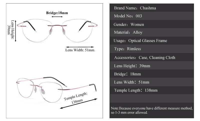 Chashma Women's Rimless Oval Cat Eye Titanium Eyeglasses 871003