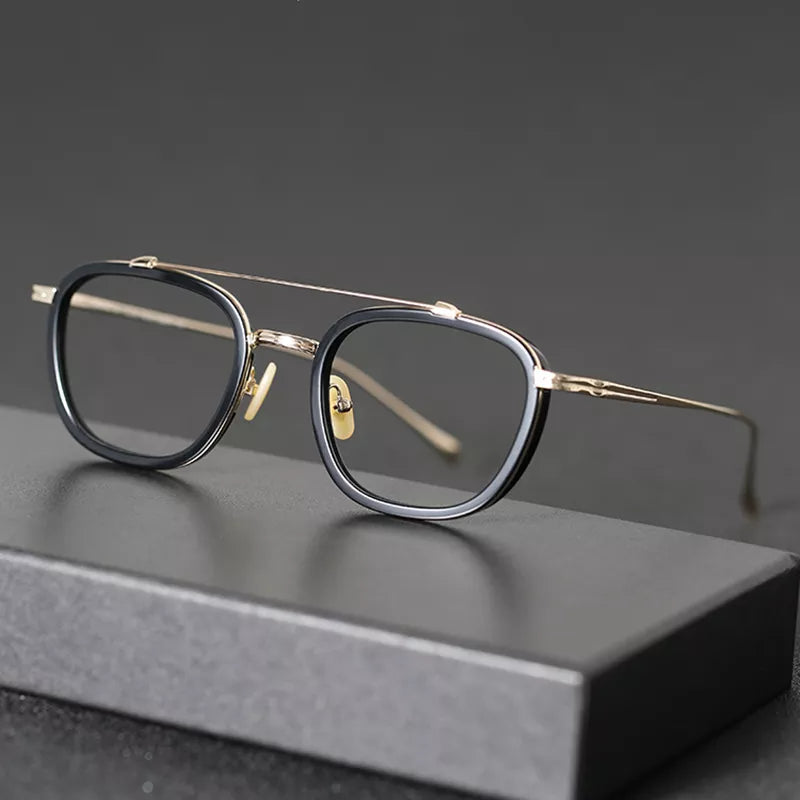 Black Mask Unisex Full Rim Double Bridge Titanium Square Acetate Eyeglasses 9025 Full Rim Black Mask