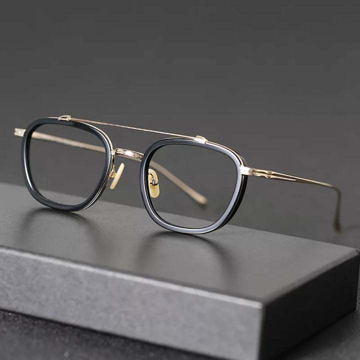 Black Mask Unisex Full Rim Double Bridge Titanium Square Acetate Eyeglasses 9025 Full Rim Black Mask