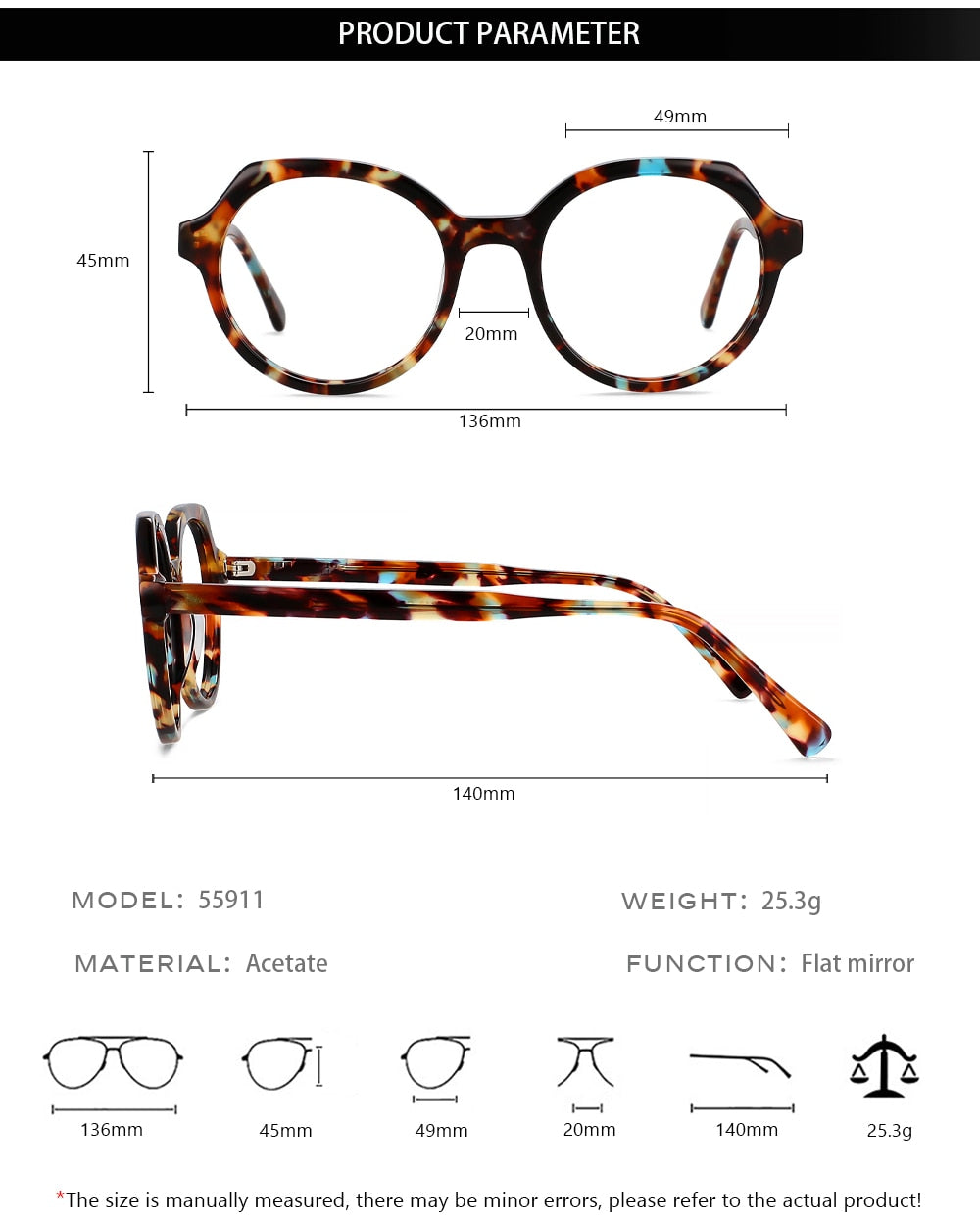 CCspace Unisex Full Rim Irregular Round Acetate Eyeglasses 55911 Full Rim CCspace