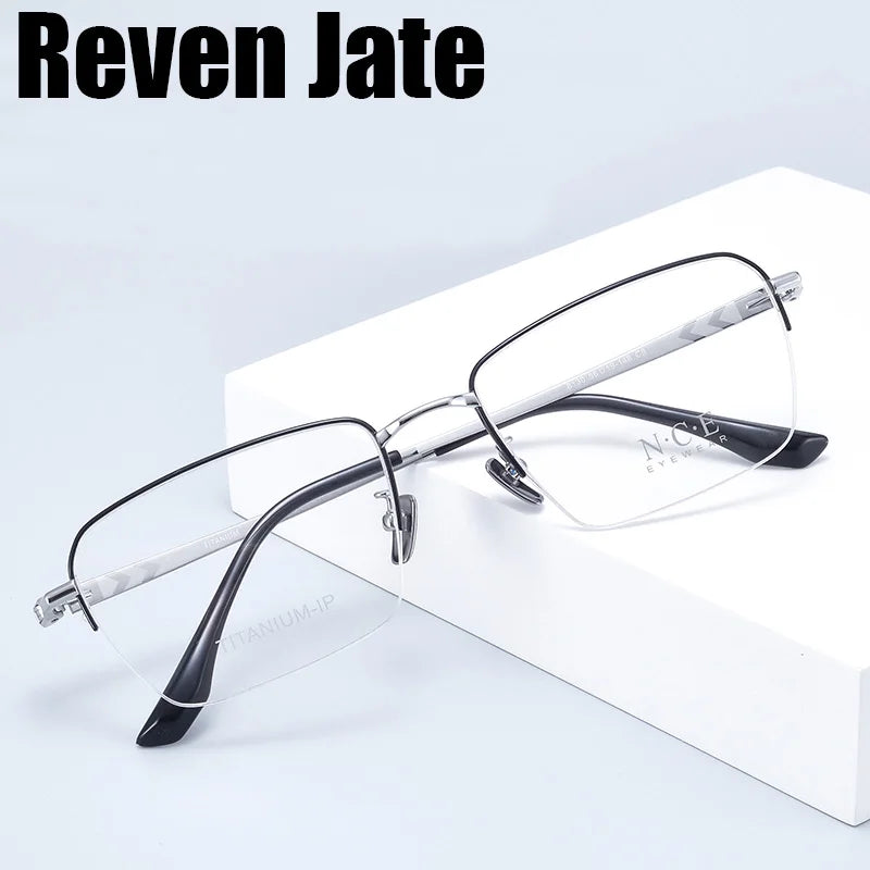 Reven Jate Unisex Semi Rim Polygon Square Titanium Eyeglasses 81304