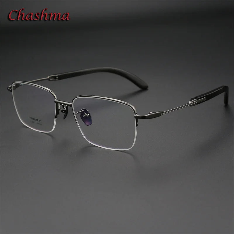 Chashma Ochki Unisex Semi Rim Square Titanium Horn Eyeglasses 312326